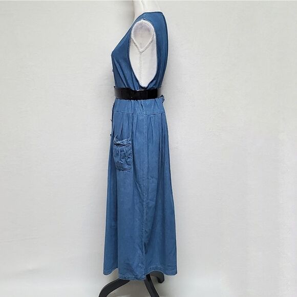 VINTAGE 1970s Talbots Mid Wash Oversized Button Up Belted Bow Denim Dress Medium - Picture 9 of 15